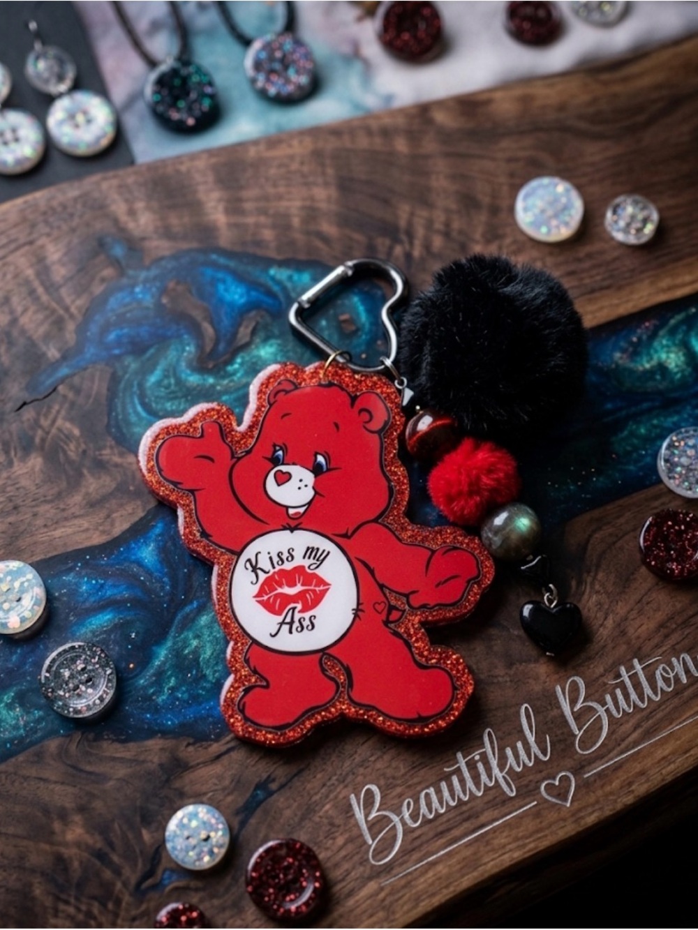 Custom Junk keychain 
Red Bear Keychain Charm with Pom Pom and Heart Accent